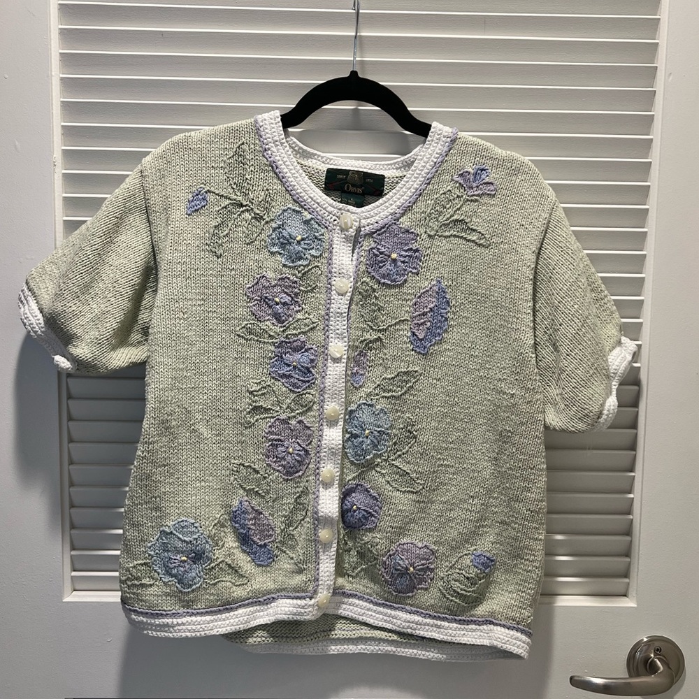 Vintage Pastel Handmade ShortSleeve Button Down Cardigan w Floral Design | Orvis